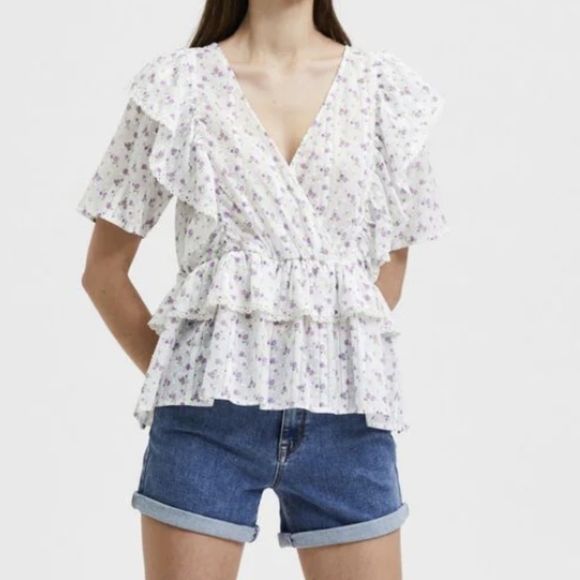Selected FEMME Susy Ruffled floral blouse top 34 xs - Picture 2 of 16